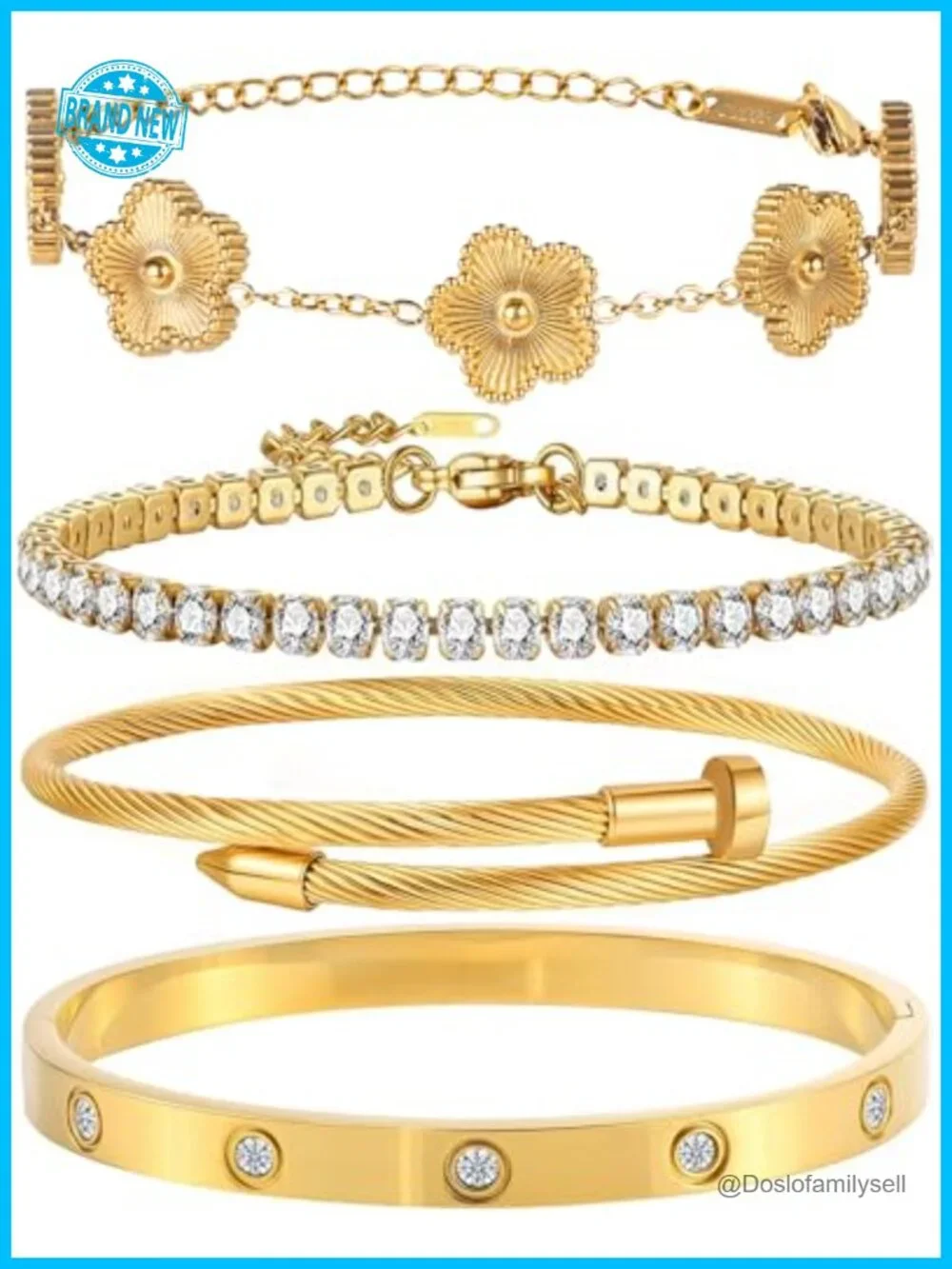 18K Gold Plated Bangle Bracelet Set Stackable Floral Adjustable Tennis Non